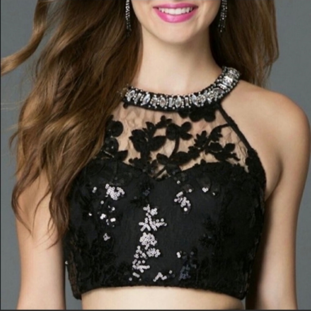 Black Sequin Hearts Halter Crop Top